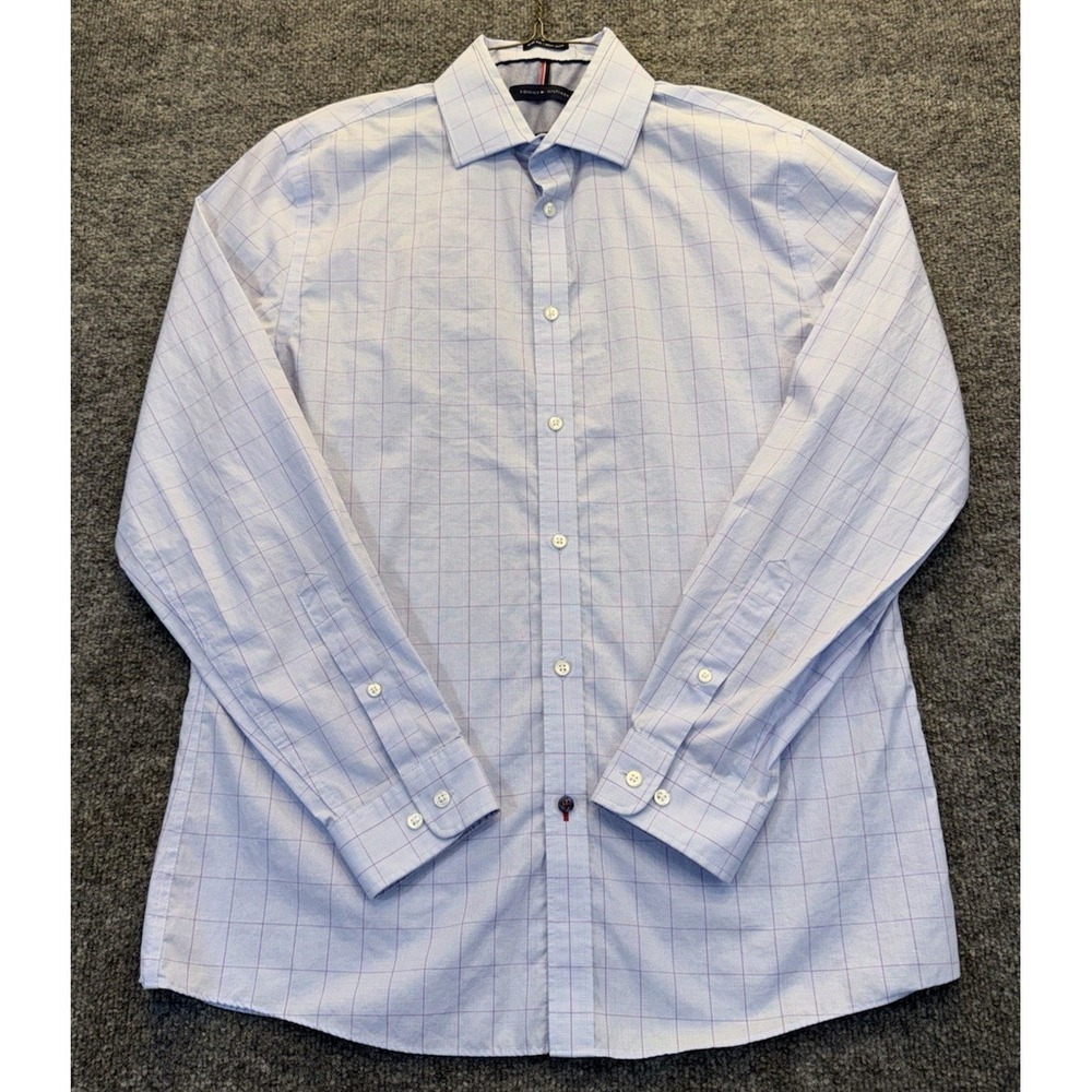 Tommy Hilfiger Slim Fit Non Iron Dress Shirt Blue Check Men's Large 15.5 32/33